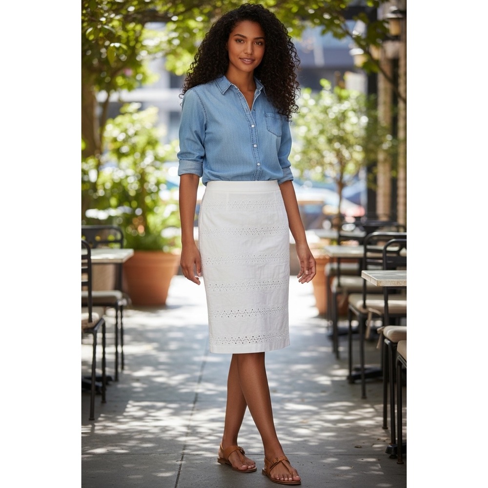 Talbots Pencil Skirt Size 4 White Eyelet Wedding Bridal Cotton Coastal Preppy